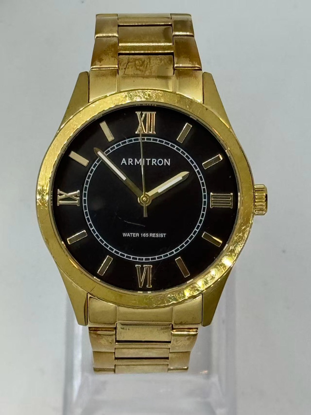 Armitron Men Quartz Watch Gold Tone Black Dial 38mm Date New Battery Runs